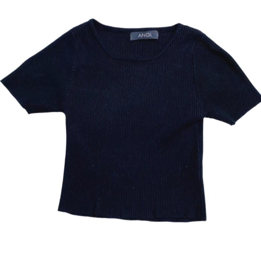 ANGL Black Ribbed Short Sleeve Crop Top Tee Size Small